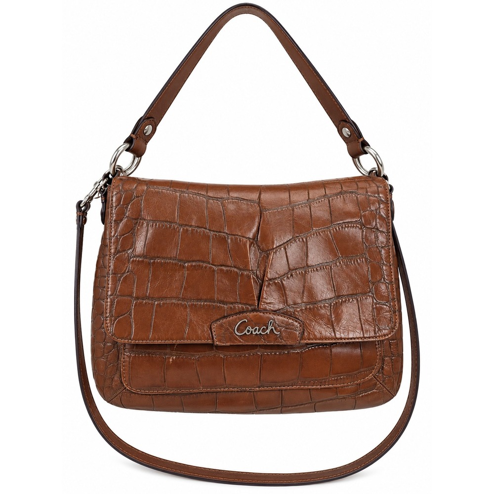 Coach Ashley Mahogany Croc Embossed Leather Shoulder Bag F17646